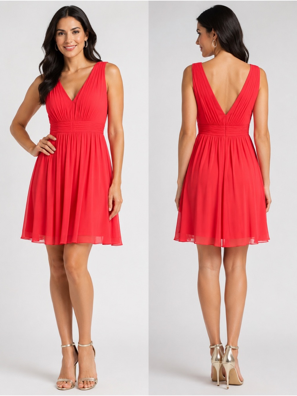 Calvin Klein‎ Sleeveless V-Neck Coral-Red Chiffon Cocktail Dress